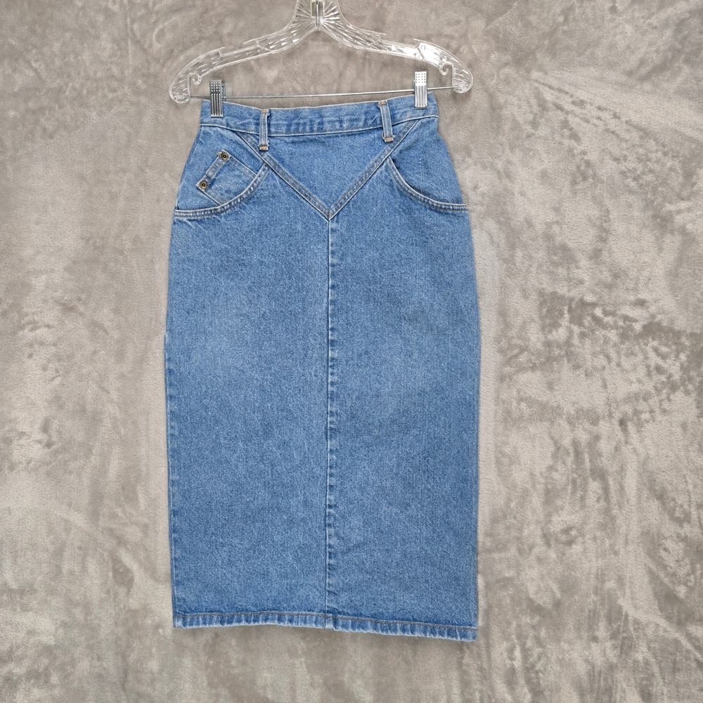 Vintage Denim Skirt Women 7/8 Blue Hi Waist‎ Western Midi Slit Cowgirl Retro Y2K